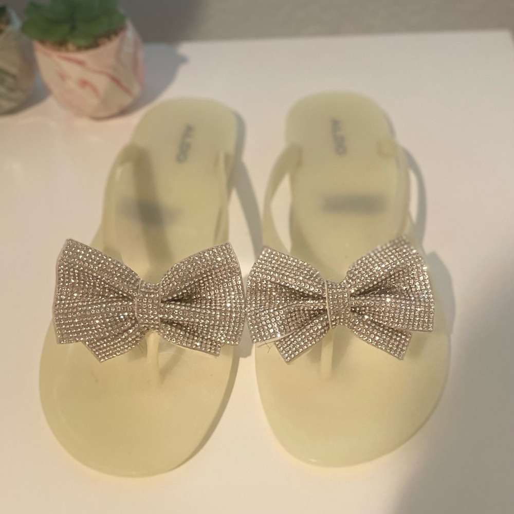 Aldo Cream Sandals with Rhinestone Bow